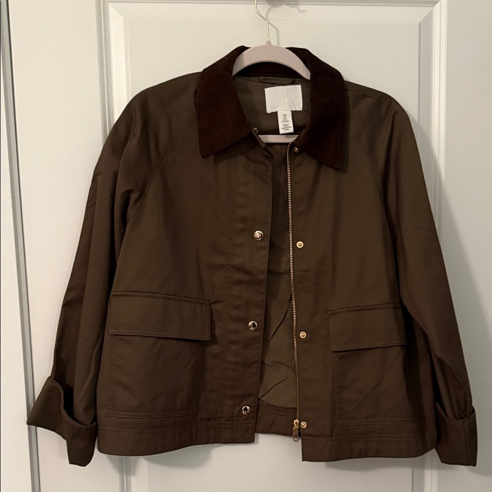 H&M Army Green Utility Jacket with Brown Corduroy Collar